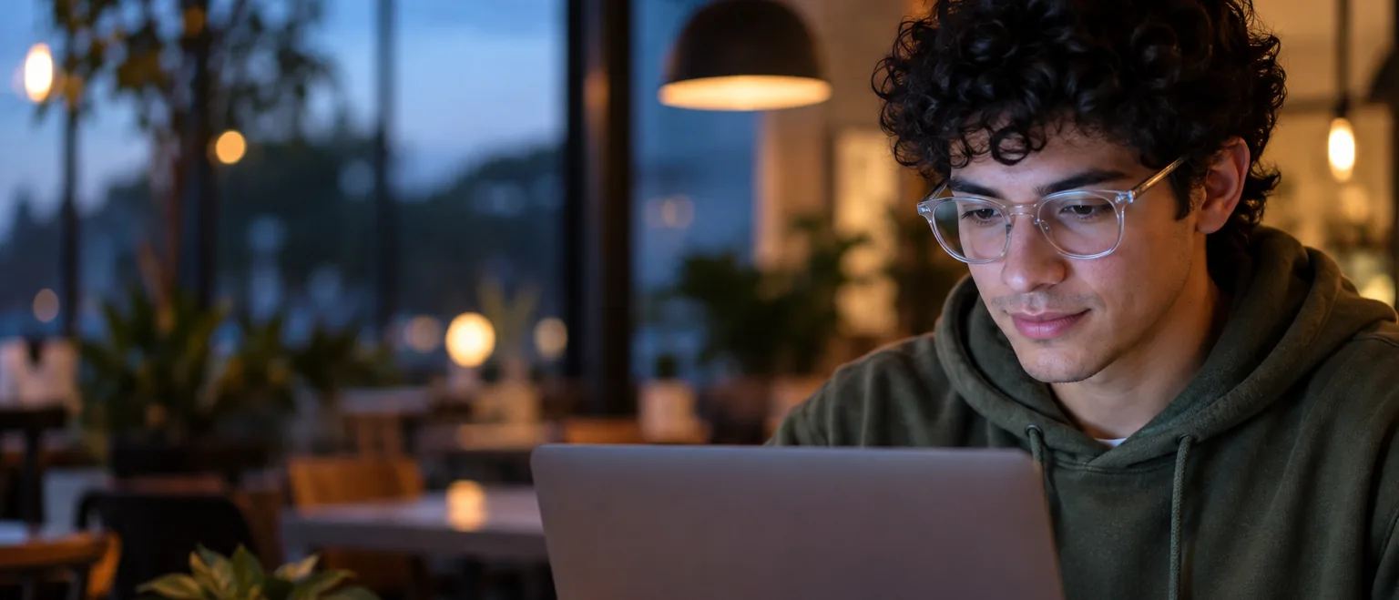 Estudiante con lentes de armazón transparente trabaja en su computadora portátil en un café al atardecer.
