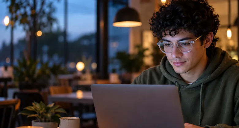 Estudiante con lentes de armazón transparente trabaja en su computadora portátil en un café al atardecer.