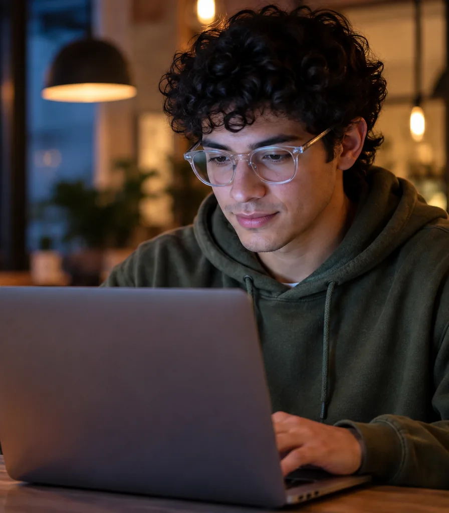Estudiante con lentes de armazón transparente trabaja en su computadora portátil en un café al atardecer.