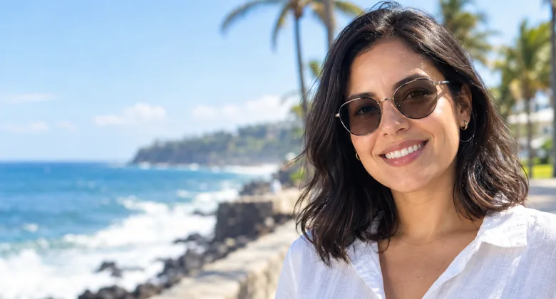 Mujer sonriente al sol junto al mar, con lentes que se oscurecieron a un tono gris café.
