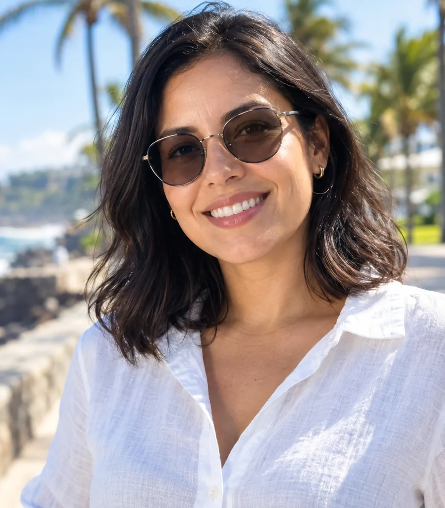 Mujer sonriente al sol junto al mar, con lentes que se oscurecieron a un tono gris café.