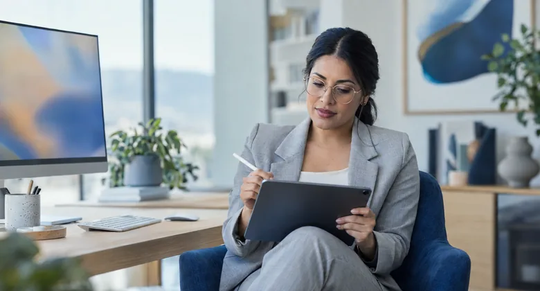 Mujer con lentes de metal dorado trabaja en una tableta junto a su escritorio y su monitor.