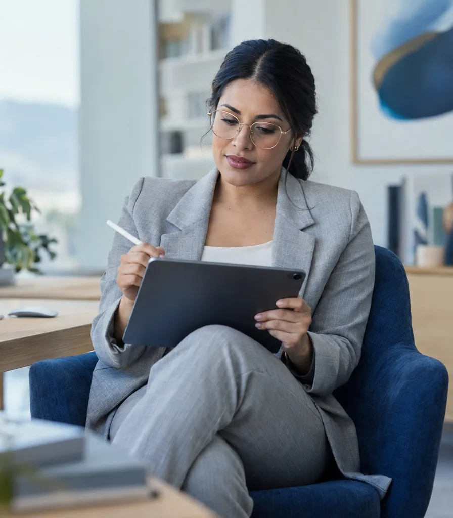 Mujer con lentes de metal dorado trabaja en una tableta junto a su escritorio y su monitor.