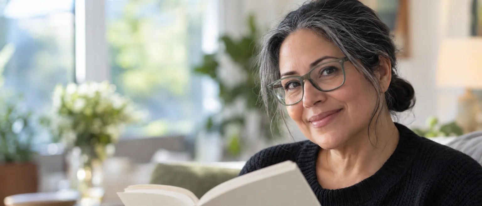 Mujer de cabello entrecano con lentes rectangulares levanta la vista de su libro en una sala iluminada.