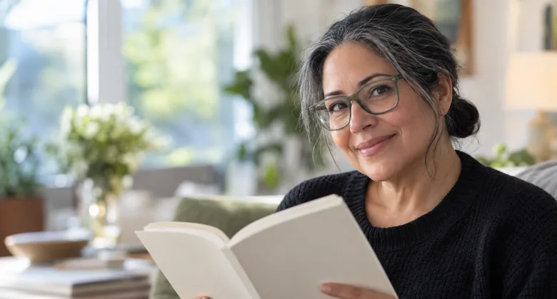 Mujer de cabello entrecano con lentes rectangulares levanta la vista de su libro en una sala iluminada.