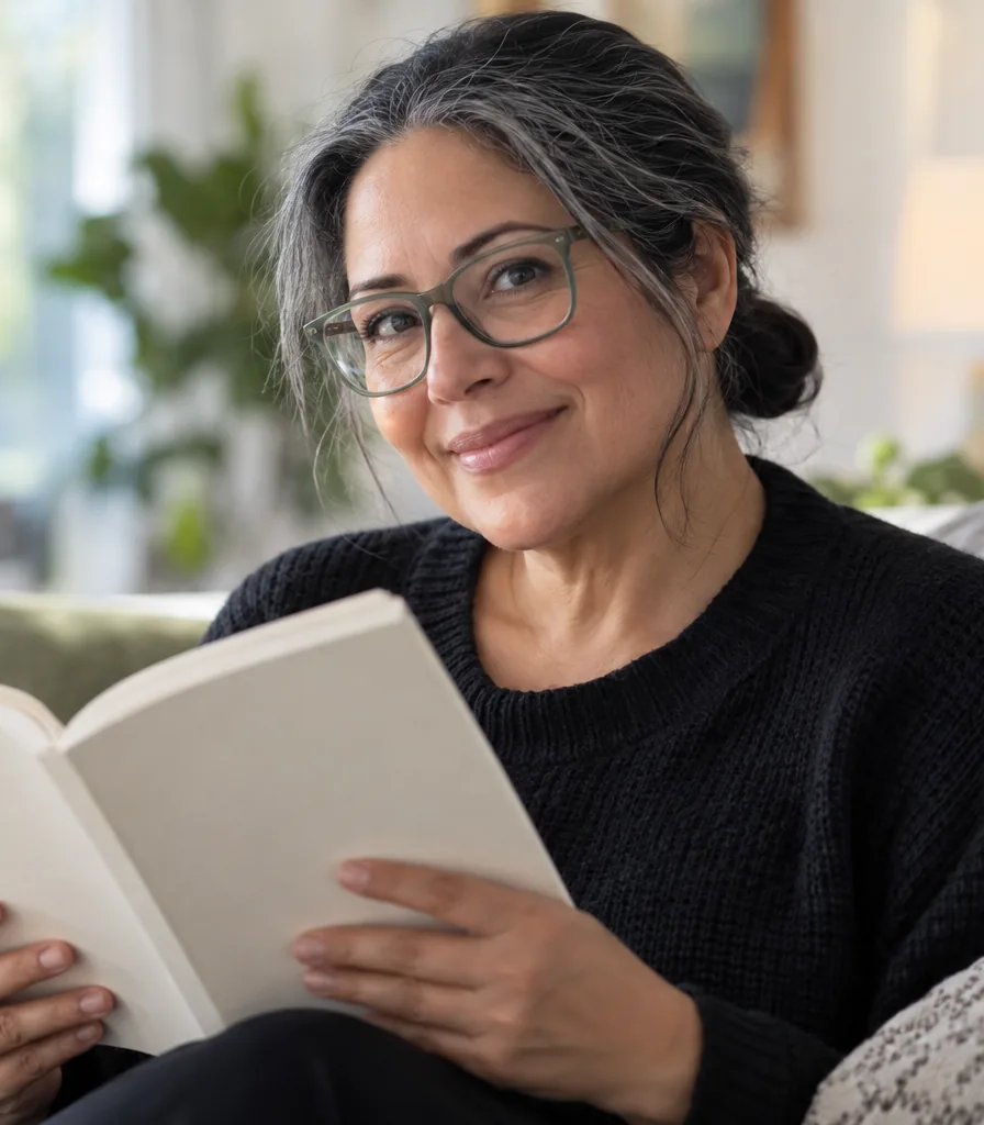 Mujer de cabello entrecano con lentes rectangulares levanta la vista de su libro en una sala iluminada.