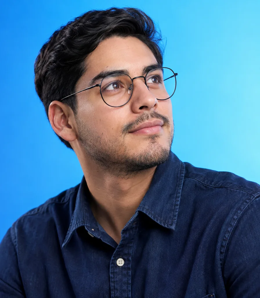 Hombre joven con lentes redondos de metal negro mira a lo lejos sobre un fondo azul.