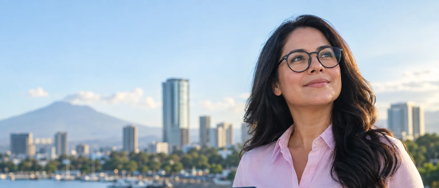 Mujer con lentes de armazón redondo negro mira hacia arriba con su celular en la mano, con la ciudad y un volcán al fondo.