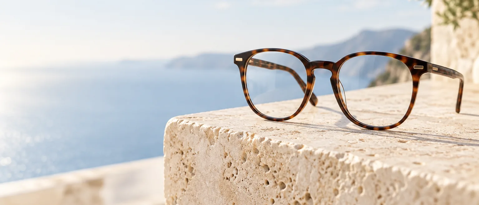 Lentes de carey sobre un muro de piedra clara al sol, con el mar al fondo.