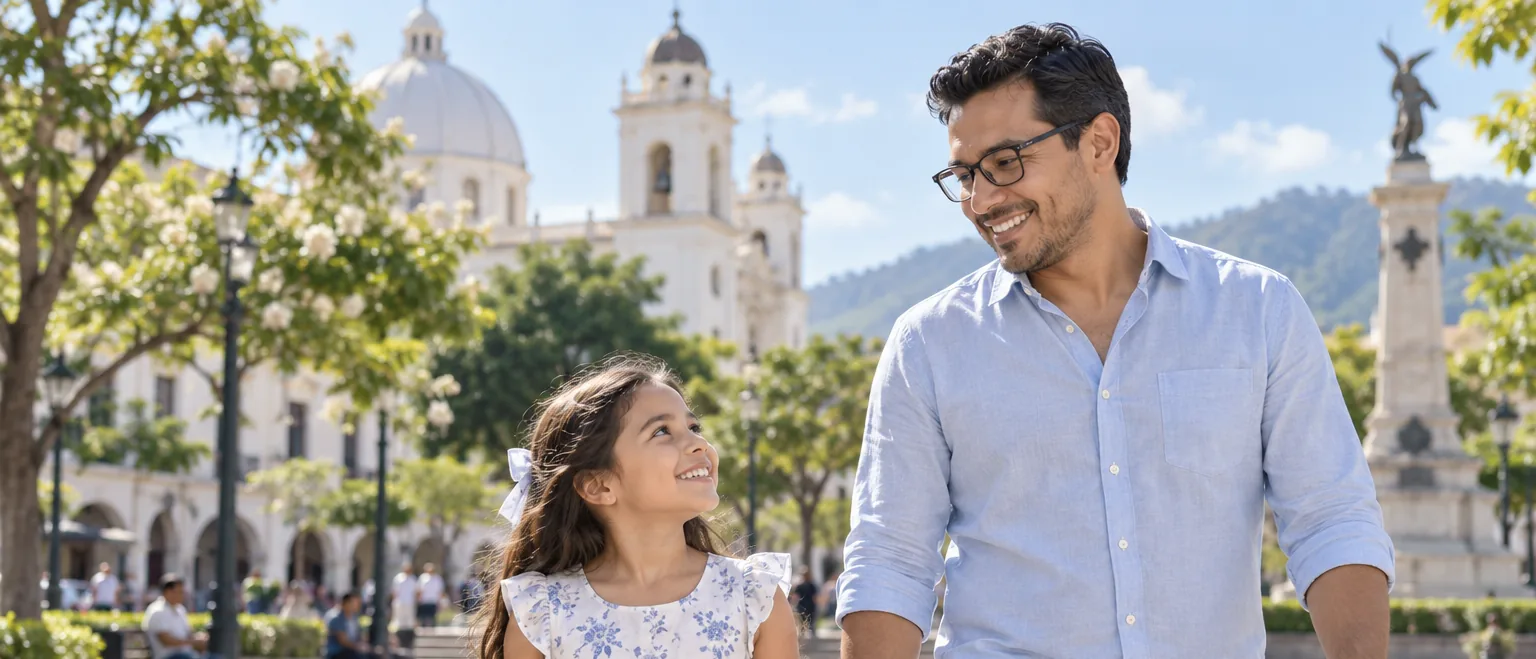 Papá con lentes de armazón negro camina de la mano con su hija por una plaza soleada; los dos sonríen.